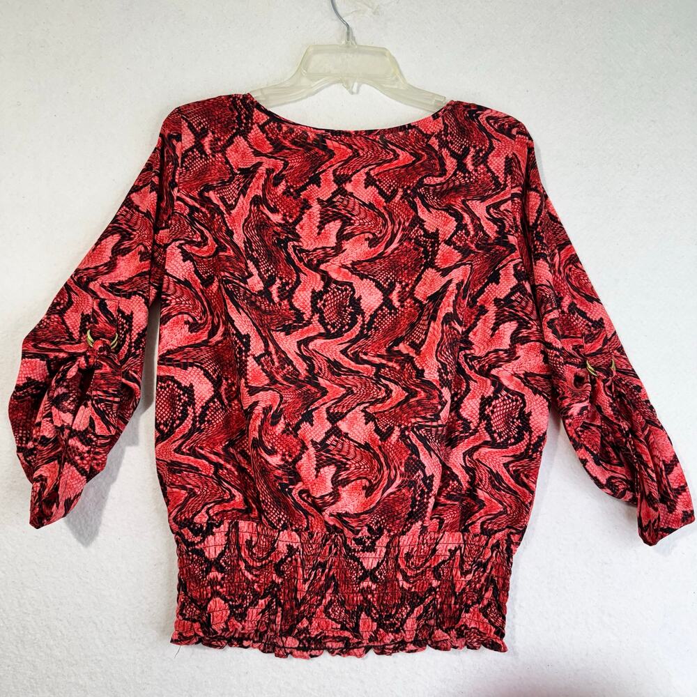 Michael Kors MK Black & Red Snake Skin Print Blouse 3/4 Roll Tab Sleeves Medium - Picture 4 of 7
